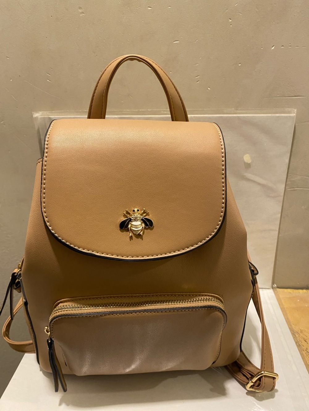 Tan Bee Accent Leather-Style Backpack